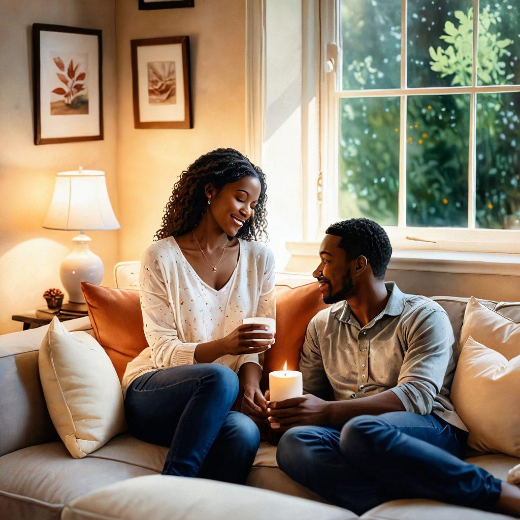 A warm, inviting scene depicting a cozy living room with a couple engaging in a heartfelt conversation, surrounded by symbols of affection like heart-shaped pillows and candlelight. Their expressions radiate love and intimacy, with soft sunlight streaming through a window, casting gentle shadows. The ambiance evokes a sense of comfort and connection, highlighting the importance of nurturing relationships. watercolor painting. warm colors. cozy atmosphere.