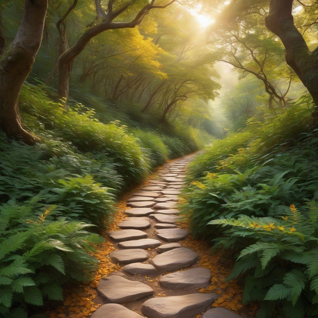 A serene pathway through a lush forest, symbolizing the journey of love, with intertwined hands gently guiding each other. Soft light filters through the leaves, creating a warm, inviting atmosphere, while heart-shaped leaves fall softly around them. Emotional resilience is represented by a blooming flower growing from a rock along the path. 3D. vibrant colors. painterly style.