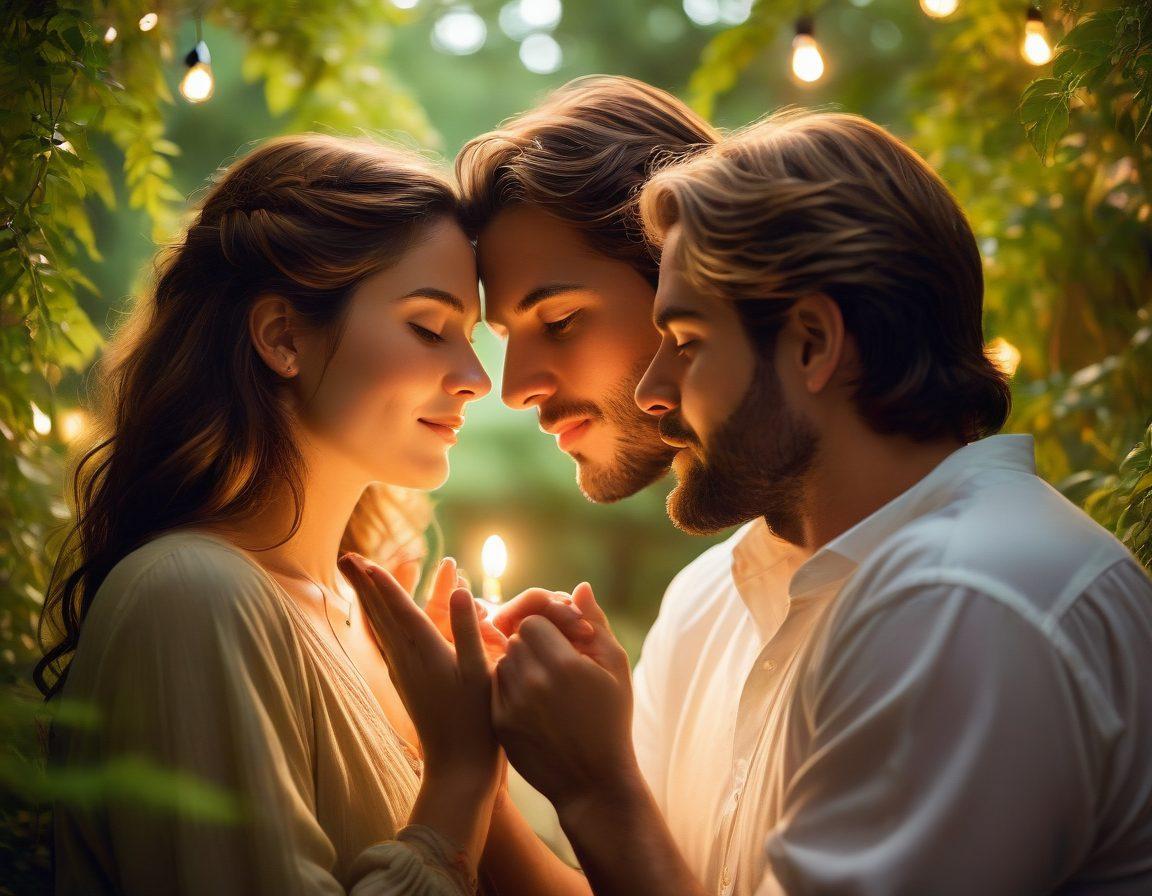 A serene setting featuring a couple immersed in a heartfelt conversation, surrounded by lush greenery and soft glowing lights, symbolizing connection and intimacy. Include elements like entwined hands and close-up facial expressions reflecting trust and devotion. The atmosphere should evoke warmth and tenderness, suggesting deep emotional bonds. vibrant colors. soft focus. romantic ambiance.